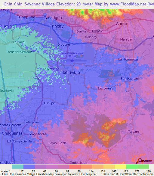 Chin Chin Savanna Village,Trinidad and Tobago Elevation Map
