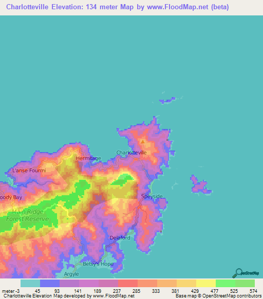 Charlotteville,Trinidad and Tobago Elevation Map