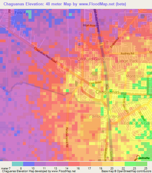 Chaguanas,Trinidad and Tobago Elevation Map