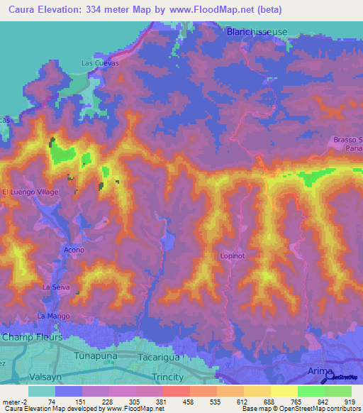 Caura,Trinidad and Tobago Elevation Map