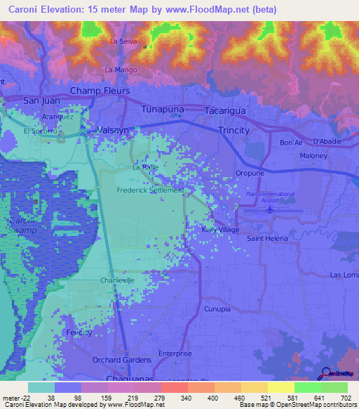 Caroni,Trinidad and Tobago Elevation Map