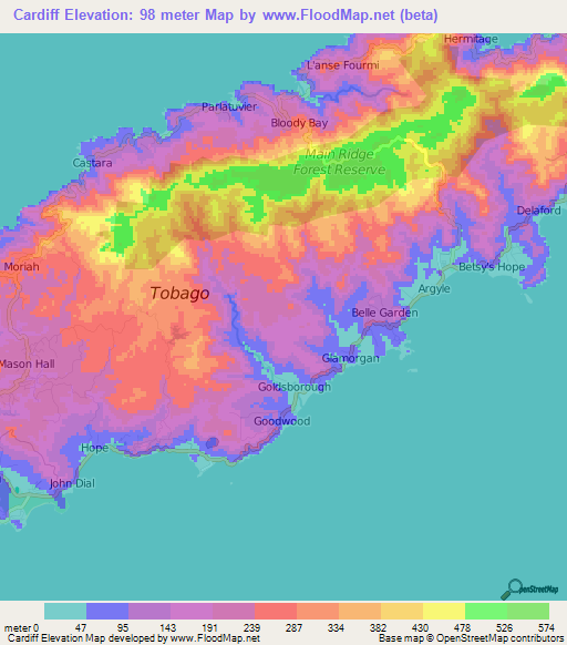 Cardiff,Trinidad and Tobago Elevation Map