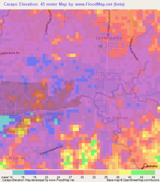 Carapo,Trinidad and Tobago Elevation Map