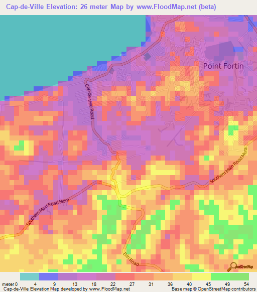 Cap-de-Ville,Trinidad and Tobago Elevation Map