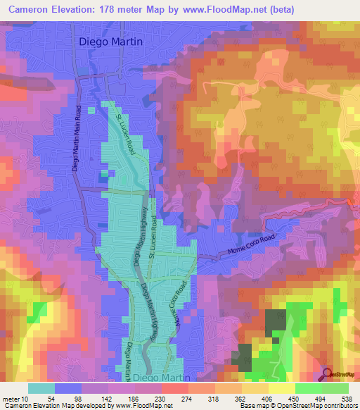Cameron,Trinidad and Tobago Elevation Map