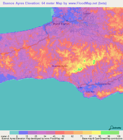 Buenos Ayres,Trinidad and Tobago Elevation Map