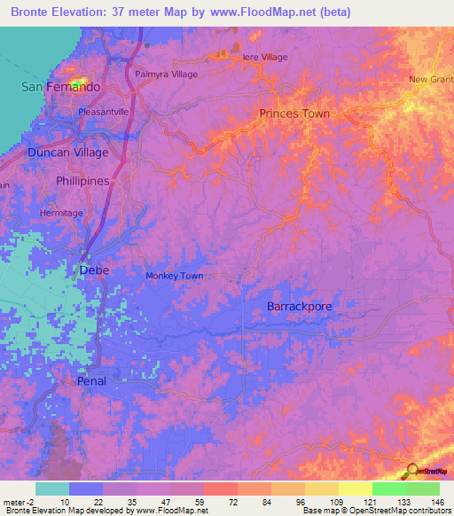 Bronte,Trinidad and Tobago Elevation Map