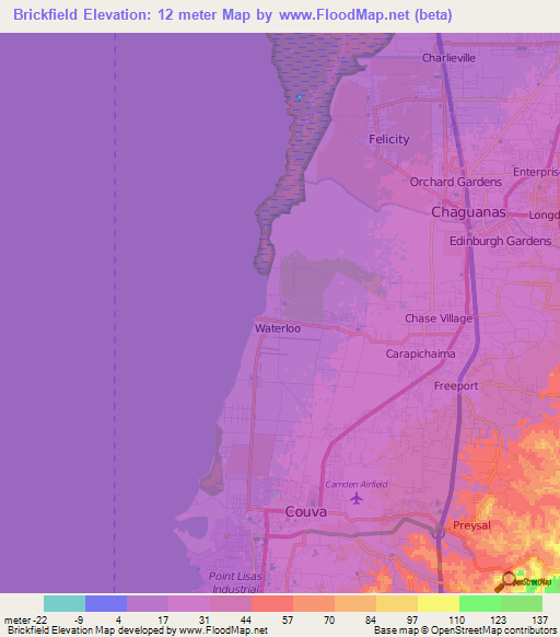 Brickfield,Trinidad and Tobago Elevation Map