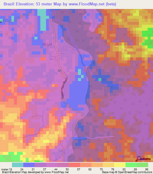 Brazil,Trinidad and Tobago Elevation Map
