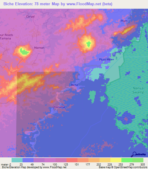 Biche,Trinidad and Tobago Elevation Map