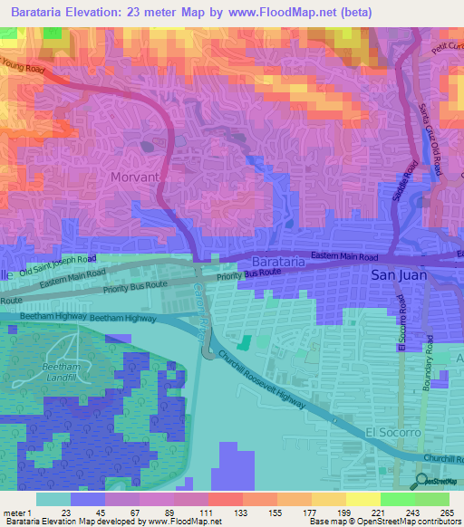 Barataria,Trinidad and Tobago Elevation Map