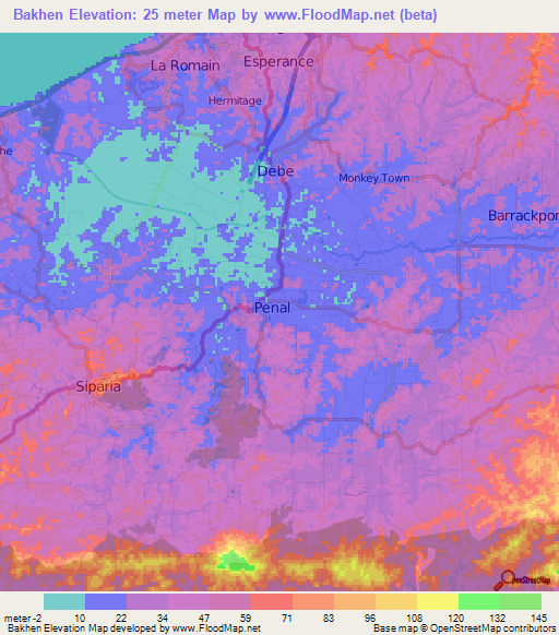 Bakhen,Trinidad and Tobago Elevation Map