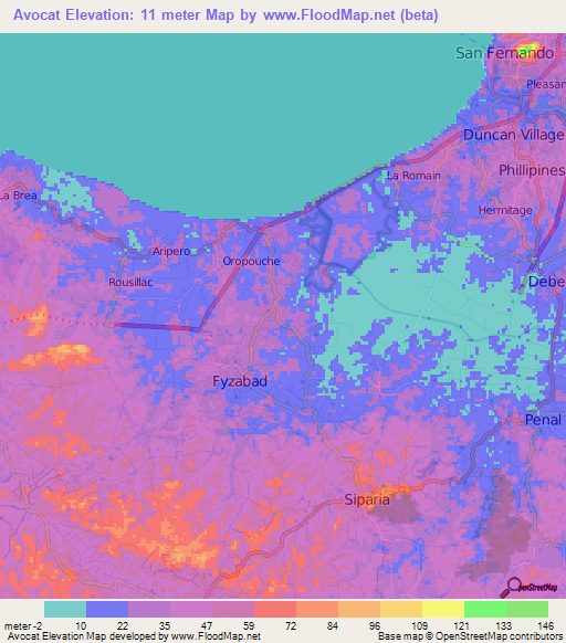 Avocat,Trinidad and Tobago Elevation Map