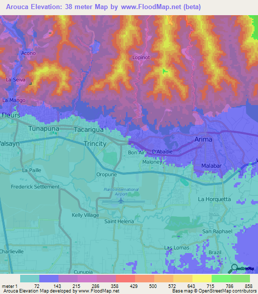 Arouca,Trinidad and Tobago Elevation Map