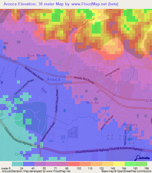 Arouca,Trinidad and Tobago Elevation Map