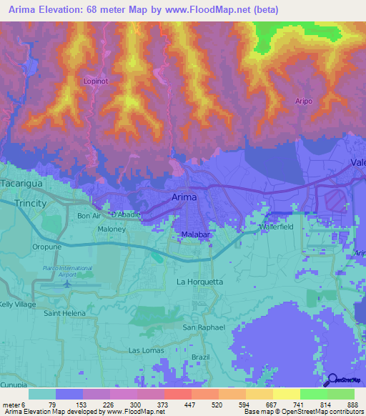 Arima,Trinidad and Tobago Elevation Map