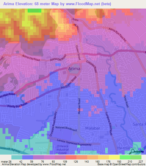 Arima,Trinidad and Tobago Elevation Map