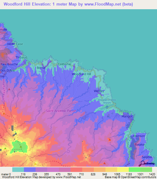 Woodford Hill,Dominica Elevation Map