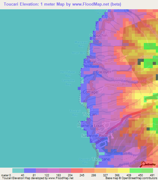 Toucari,Dominica Elevation Map