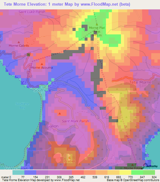 Tete Morne,Dominica Elevation Map