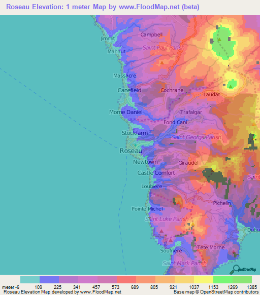 Roseau,Dominica Elevation Map
