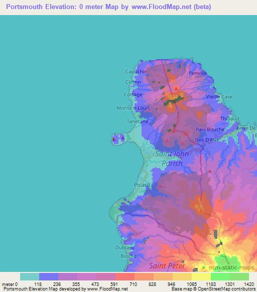 Portsmouth,Dominica Elevation Map