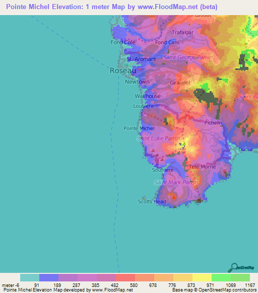 Pointe Michel,Dominica Elevation Map