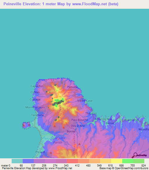 Peineville,Dominica Elevation Map