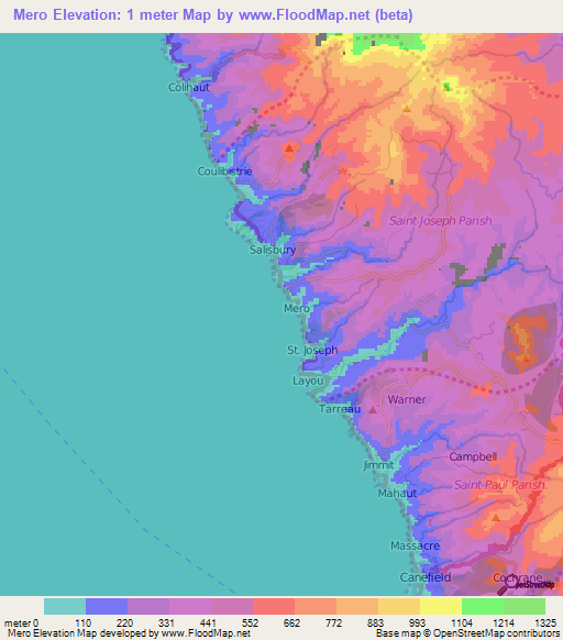 Mero,Dominica Elevation Map