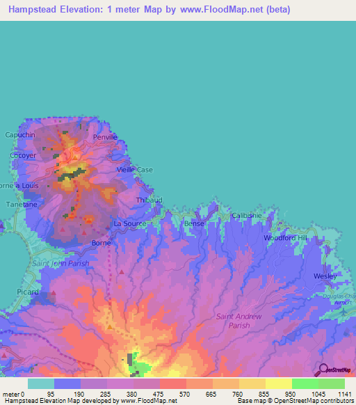 Hampstead,Dominica Elevation Map