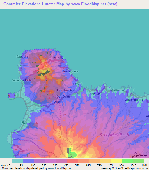 Gommier,Dominica Elevation Map