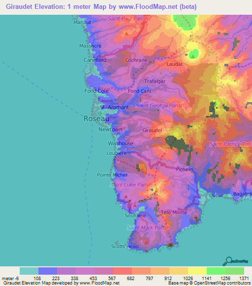 Giraudet,Dominica Elevation Map