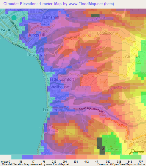 Giraudet,Dominica Elevation Map