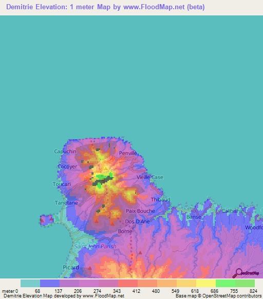 Demitrie,Dominica Elevation Map
