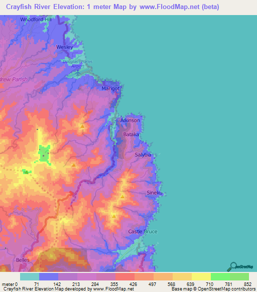 Crayfish River,Dominica Elevation Map