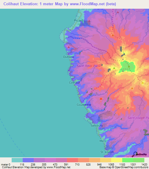 Colihaut,Dominica Elevation Map