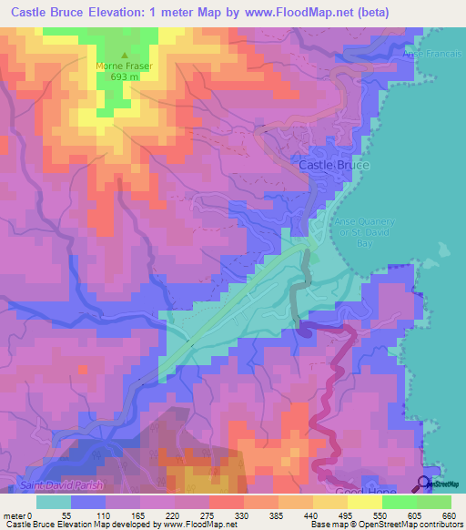Castle Bruce,Dominica Elevation Map
