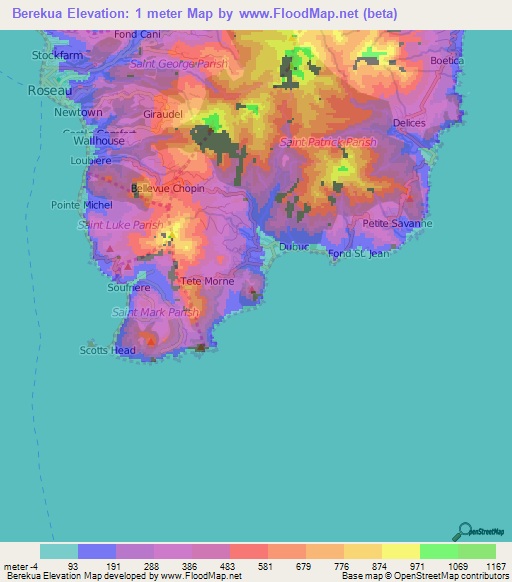 Berekua,Dominica Elevation Map