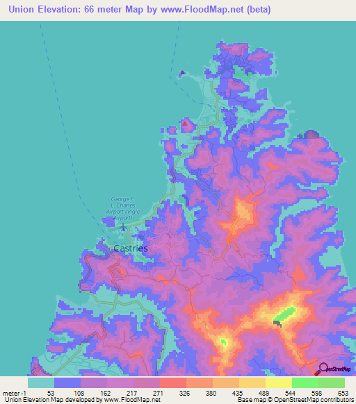 Union,Saint Lucia Elevation Map