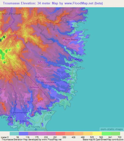 Troumasse,Saint Lucia Elevation Map