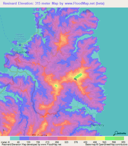 Resinard,Saint Lucia Elevation Map
