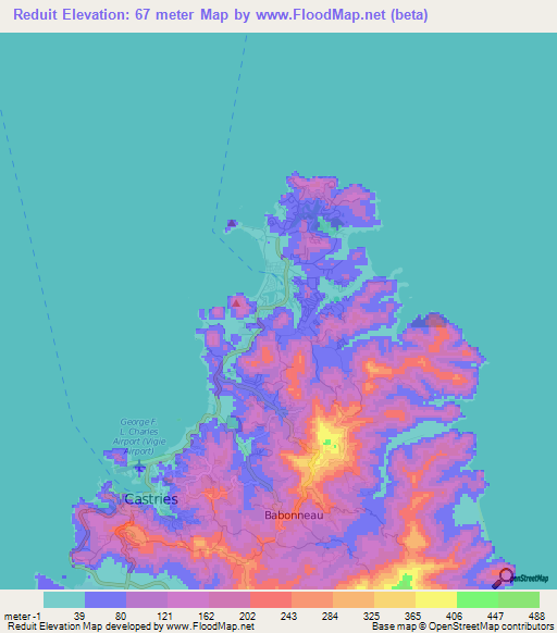 Reduit,Saint Lucia Elevation Map