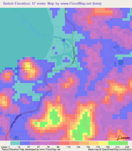 Reduit,Saint Lucia Elevation Map