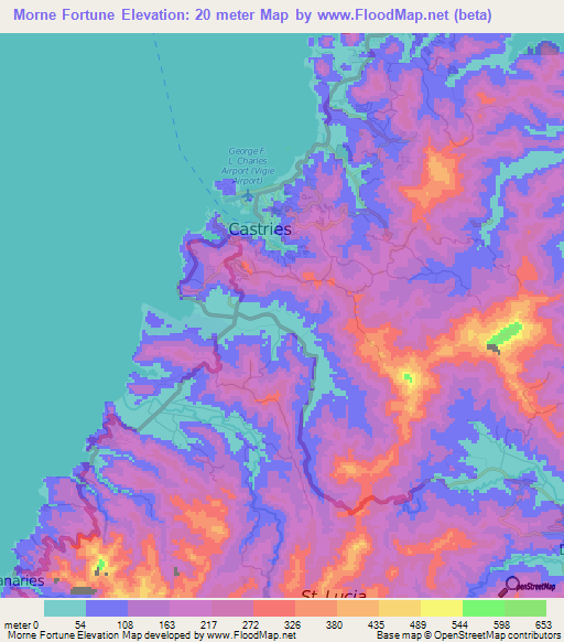 Morne Fortune,Saint Lucia Elevation Map