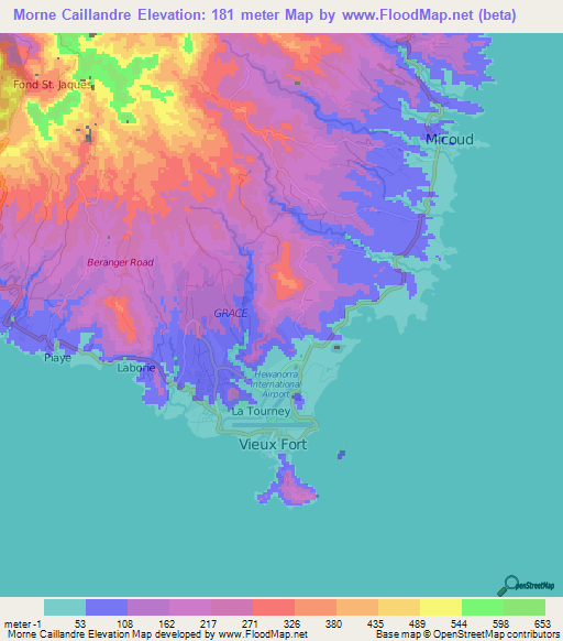 Morne Caillandre,Saint Lucia Elevation Map