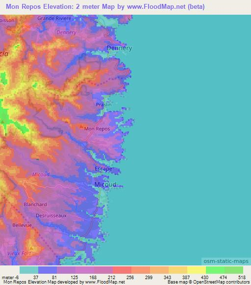 Mon Repos,Saint Lucia Elevation Map