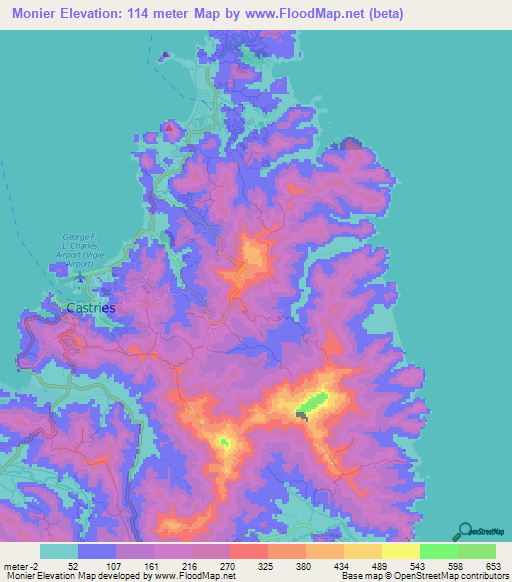 Monier,Saint Lucia Elevation Map