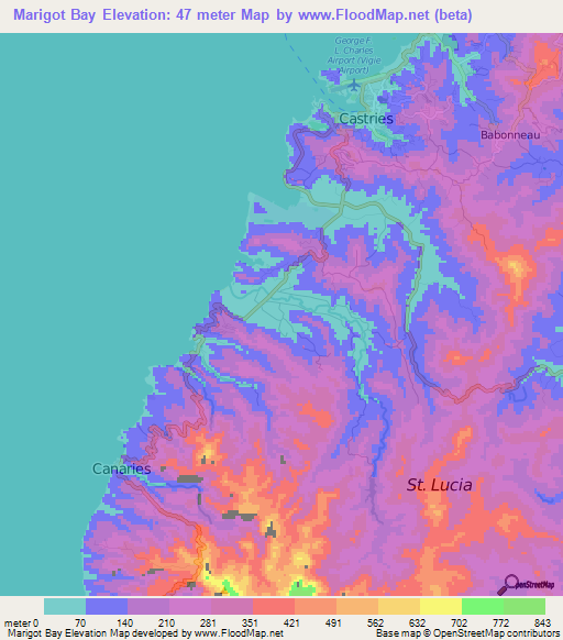 Marigot Bay,Saint Lucia Elevation Map