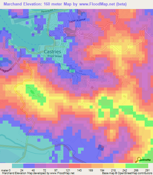 Marchand,Saint Lucia Elevation Map