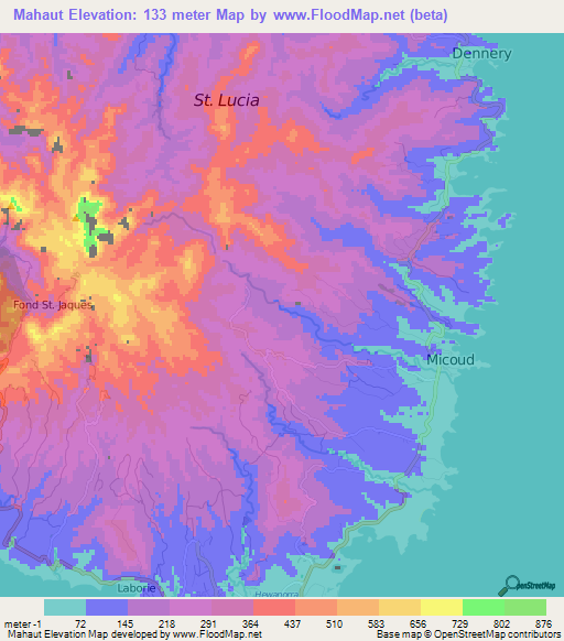 Mahaut,Saint Lucia Elevation Map